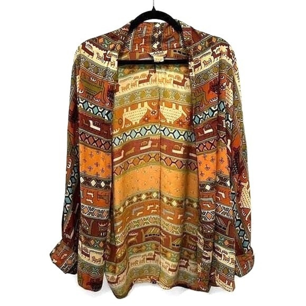 Adini Vintage Animal Novelty Print Kimono L Rust Orange Folk Art Teacher 90s